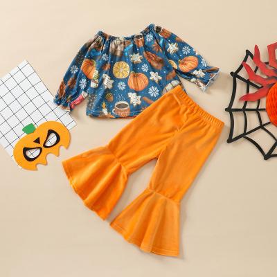 China Casual Fashionable Halloween Girls Clothes Pumpkin printed+flared pants 2PCs Girls Clothing Set for sale