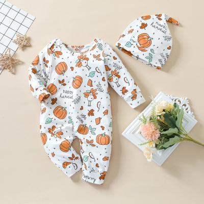 China Newborn Long Sleeve Halloween Babies Clothes Jumpsuit Pumpkin Printed Romper+Hat Boutique Girls Clothing Romper for sale