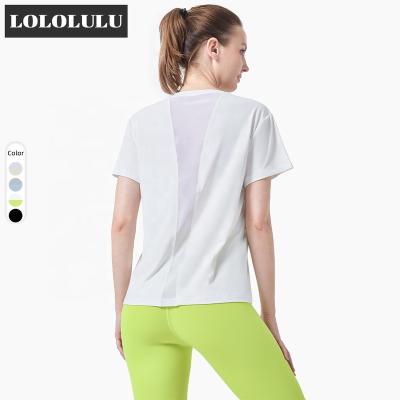 China Custom Women Breathable Round Neck Yoga Tops With Mesh Workout Soft Gym Sports T-Shirt for sale