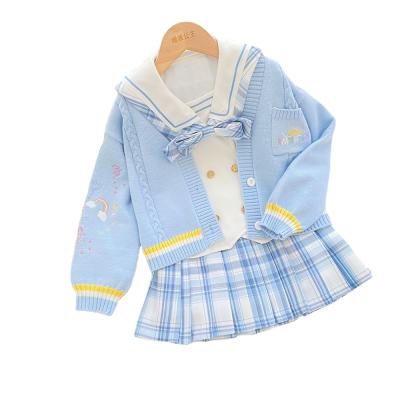 China Autumn Breathable Jacquard Knitted Kids Cardigan 3 Pieces Skirt Sweater Set For Kids Teenage Girl 12t for sale