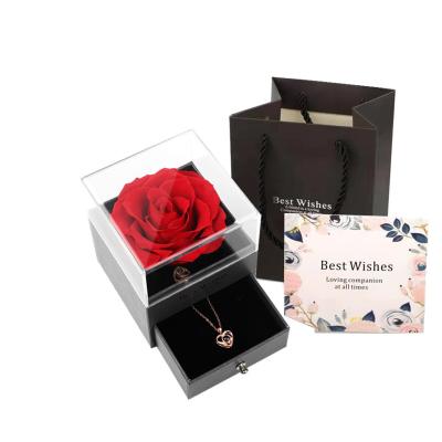 China 100% Natural Mengzhicao Preserved Everlasting Roses Necklace Drawer Packaging Jewelry Box with Custom Logo Printed for Graduation Party for sale