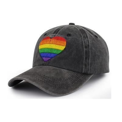 China COMMON Custom Logo Rainbow Heart Flat Embroidered Hat For Men Women Cotton Gifts Funny Adjustable Baseball Cap for sale