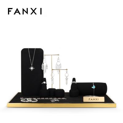 China Newest Micrfoiber Jewelry Display FANXI Luxurious Luxurious Black Metal Jewelry Display Rack For Ring Earring Pendant Necklace Showcase Jewelry Stand Set for sale