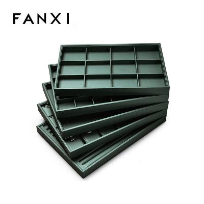 China FANXI Green Leather Jewelry Display Tray Stackable Fashion Jewelry Display PU Tray for Stackable Earring Ring Necklace Pendant Jewelry Freestanding Combine Display Tray for sale