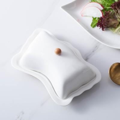 China Stocked Ware Kitchen Butter Box White Ceramic Dish With Bamboo Tray for sale