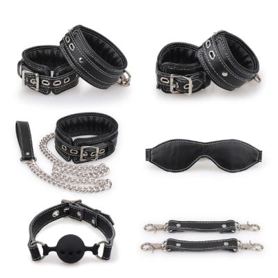 China Hot Selling Bdsm Bondage Restraint 6 Set Genuine Leather Bondage Kits With Silicone Ball Gag for sale