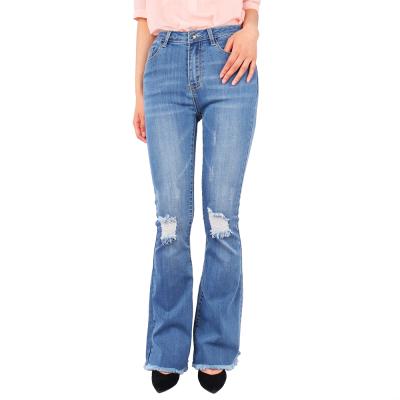 China New Arrival Fashion QUICK DRY Women Flare Jeans Ripped Bootcut With Pockets Hole Mid Rise Flare Denim Pants Light Blue Tassel Denim Jeans for sale