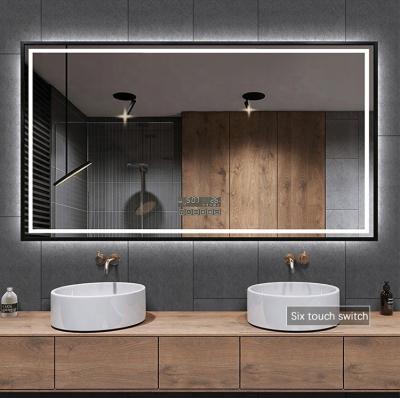 China BOLEN Bathroom aluminum framed led mirror glass hotel wall lighted mirror with clock for sale