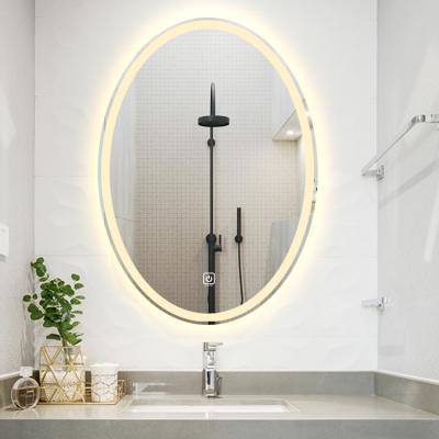 China led oval mirror wall bathroom mirror with led light clock defogger silver mirror for sale