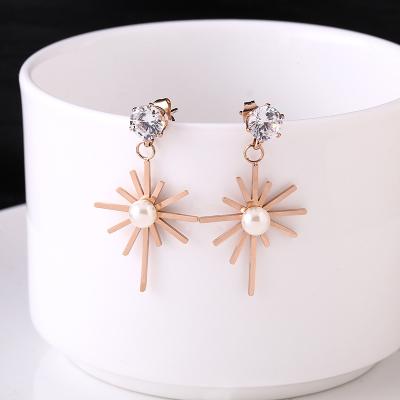 China New Arrival FASHIONABLE Ladies Charm Sun Shape Stud Earrings Stainless Steel Zircon Pearl Earrings Women Fashion Tasty Jewelry For Women for sale