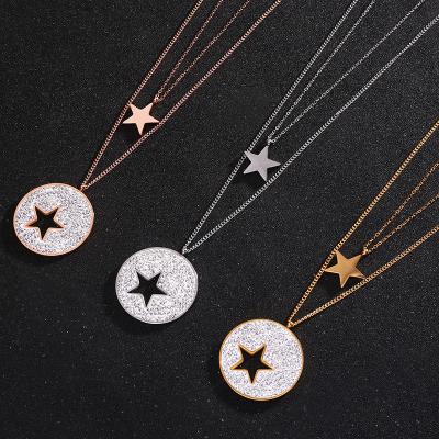 China TRENDY Fashion Moon and Star Zircon Double Layer Long Necklace Korean Sensitive Hypoallergenic Stainless Steel Pendant for sale