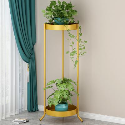 China Round Floor-to-Ceiling Double-Layer Round Metal Potted Flower Pot Rack Display Rack for sale