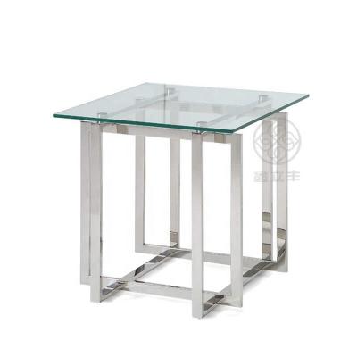 China Customized modern design clear top square tempered glass center side coffee table set stainless steel metal furniture for sale