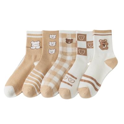 China Antibacterial Funny Breathable Korean Japanese Korean Women Cotton Sock Antibacterial Funny Bear Cartoon Logo OEM Design Manufacturers Girls Crew Socks for sale