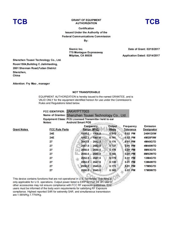 FCC - Shenzhen Tousei Technology Co., Ltd.