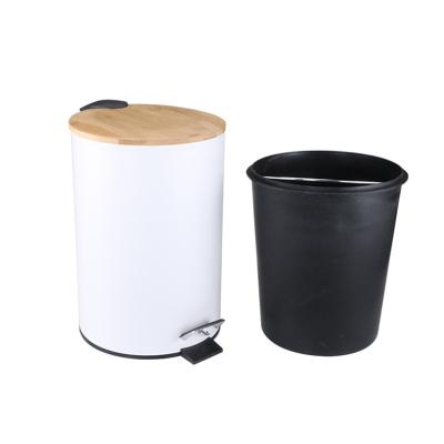 China Sustainable round metal trash can with lid and bamboo pedal 5 liter waste container trash can with removable inner wastebasket for sale