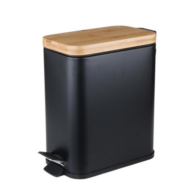 China 5L Sustainable Recycling Bamboo Covered Stepper Trash Can Foot Pedal Bin Waste Bin With Lid for sale