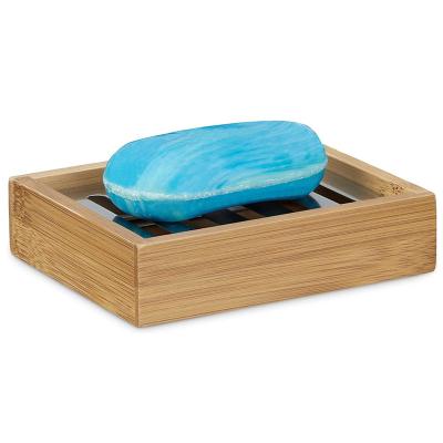 China Free Sample Modern Bathroom Vanities Wholesale Wooden Soap Dish Bamboo Holder With Stainless Insert for sale