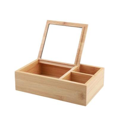 China Sustainable Bamboo Makeup Organizer Cosmetic Storage Box With Mirror Organizer Cosmetics for sale