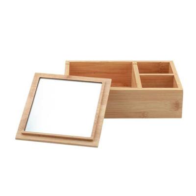 China Sustainable Natural Bamboo Small Desktop Portable Makeup Organizer Container Storage Box with Mirror as Gifts for sale