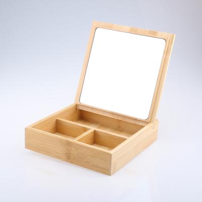 China Mirror Cosmetic Bamboo Wooden Cosmetic Box, Instrument Storage Box for Tabletop Rings Eyes Necklace Earrings for sale