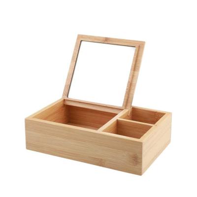 China Mirror Cosmetic Bamboo Wooden Cosmetic Box, Instrument Storage Box for Tabletop Rings Eyes Necklace Earrings for sale