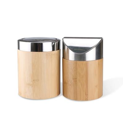 China Tabletop 2L Sustainable Bamboo Waste Bin , Stainless Steel Swing Cover for sale