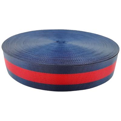 China 25mm 35mm blue, red and blue high tenacity fashion nylon webbing with custom size color can be used for mobile phone rope clothes shoes for sale