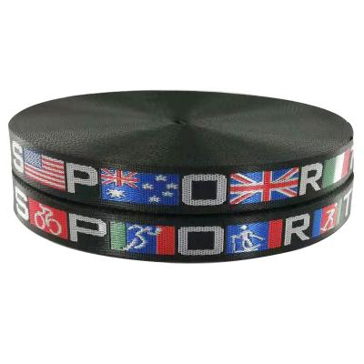 China High tenacity 25mm jacquard webbing strap tape with sports pattern can be customized for bags and cellphones jacquard webbing tape for sale