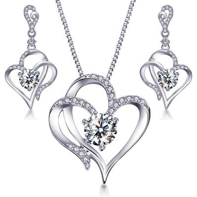 China CLASSIC 14k White Gold Plated 5A Zircon Jewelry Heart Necklace And Earring Sets For Women for sale