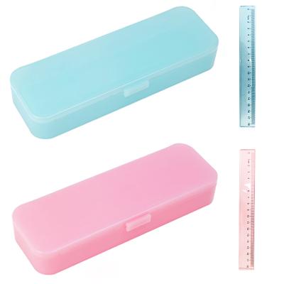 China With Ruler Student Blue Pink School Stationery Storage Box Transparent Plastic Pencil Case With Ruler for sale