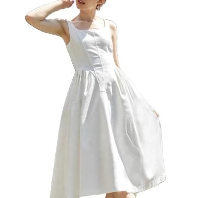 China Women's Loose Casual Mid Length Dress A Line Square Neck Anti-Static Solid Color Summer Sleeveless for sale