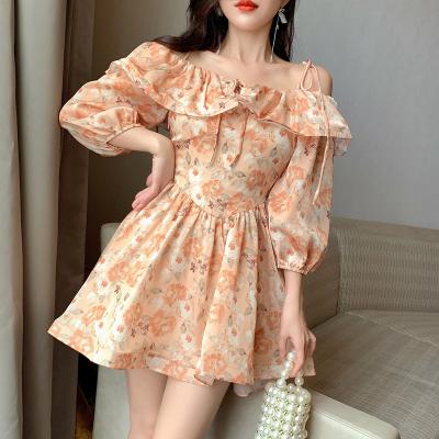 China Holiday anti-static style new 2022 summer off-the-shoulder print printed off-the-shoulder ruffled waist length slim dress for sale