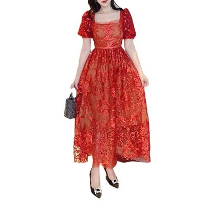 China Anti-static Red Dress 2022 Women's Mid Length Dress New Heavy Industry Summer Embroidery Mesh for sale