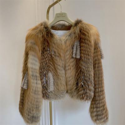 China Autumn and winter style design sense grass leather fashion red fox fur woven short coat jacket women Anti-wrinkle red fox fur for sale