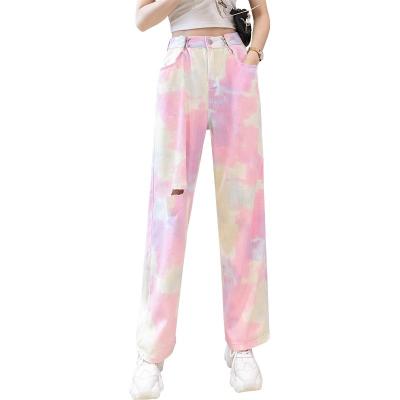 China Korean Women's Casual Wide-Leg Wide-Leg Pants Rainbow Color Loose Straight-Leg Wiping Fashion QUICK-DRY Ripped Jeans for sale