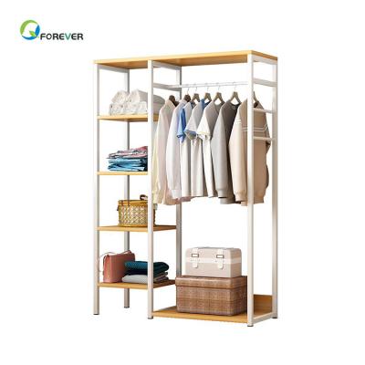 China Foldable Modern Industrial Coat Hanger With Hanging Shelf Clothes Stand Rack With Wooden Shoe Rack Wardrobe for sale