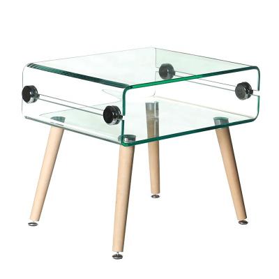 China Modern Design Living Room Furniture New Style Bent Glass Coffee Table With Wooden Legs for sale