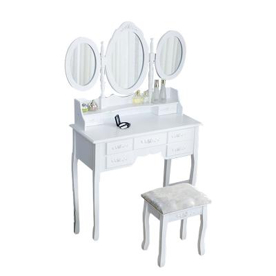 China Foldable European Wooden Makeup Vanity Desk Table Set Bedroom White 3 Foldable Mirror Dressing Table for sale