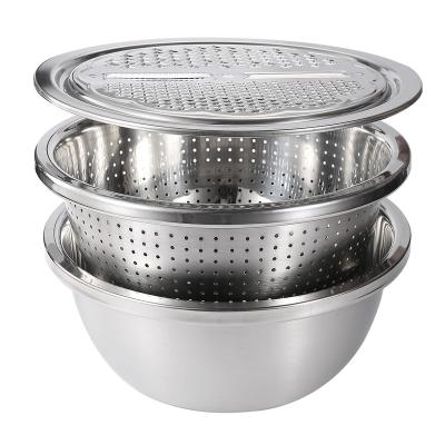 China Viable Plant Wholesale Vegetable Fruit Cutter Grater Wash Bowl 3 In 1 Stainless Steel Drain Basket for sale