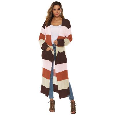 China Anti-wrinkle women's oversized sweater with big pocket coat knitted cardigan by mixed color striped long sweater coat for sale