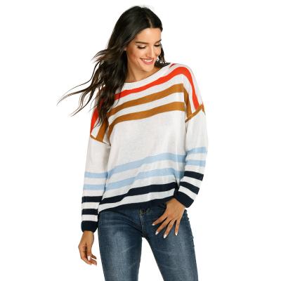 China Anti-wrinkle autumn and winter ladies fashion sweater striped patchwork loose round neck knit pullover sweater for sale