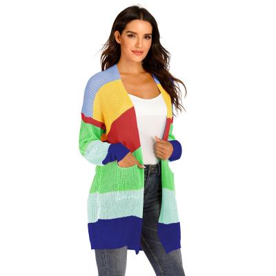 China OEM/ODM Anti-wrinkle Women's Big Pocket Mixed Color Knitted Long Striped Cardigan Coat Winter Women Sweater for sale