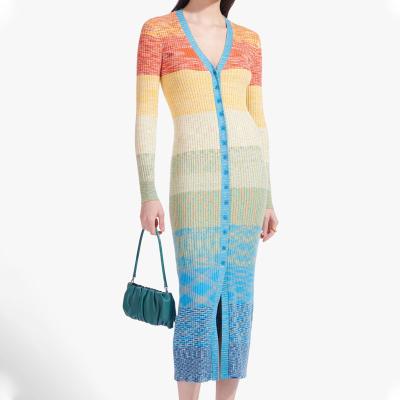 China Custom Anti Wrinkle V Neck Rainbow Ombre Sexy Striped Pattern Space Dyed Long Bodycon Maxi Rib Winter Woman Sweater Knit Plus Size Dress for sale