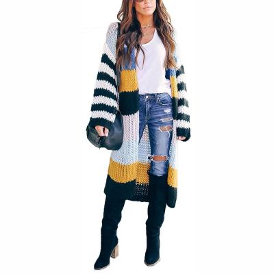 China Autumn Winter Women Multicolor Striped Anti-wrinkle Custom Color Block Long Sleeve Knit Long Front Cardigan Sweaters for sale