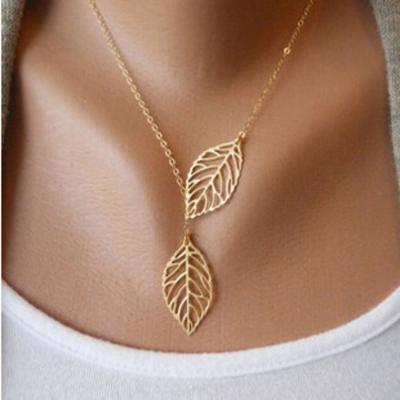 China Fashion Stainless Steel Gold Fashion Necklace Chain Minimalist Two Leaves Pendant Necklace Clavicle Necklaces For Women Jewelry Gift for sale