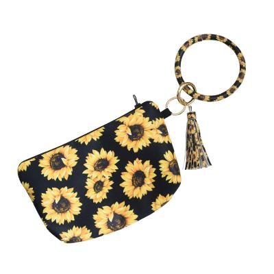 China Wholesale Custom Women Zipper Purses Sunflower Pattern Travel Wallet Anti-theft Wristband Tassel Anti-theft for sale