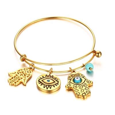 China CLASSIC Gold Stainless Steel Adjustable Charm Inspirational Wire Bracelet Hamsa Hand Bracelet Women for sale