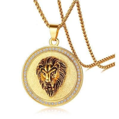 China Trendy Stainless Steel Lion Head Pendant Necklace Gold Plated Jewelry Crystal Rhinestone Charm Biker Box Chunky Chain Necklace for sale