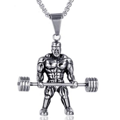 China Bodybuilding Muscle Man Barbell Pendant Stainless Steel Gym Fitness Trendy Necklace for sale